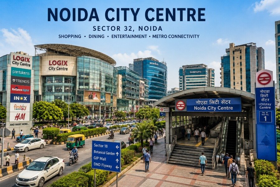 Noida City Centre in Sector 32 with Delhi Metro station and modern commercial buildings