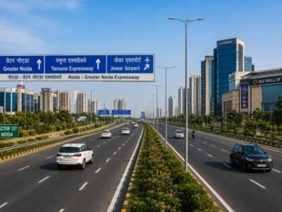 Noida Greater Noida Expressway with modern skyline and traffic in Uttar Pradesh