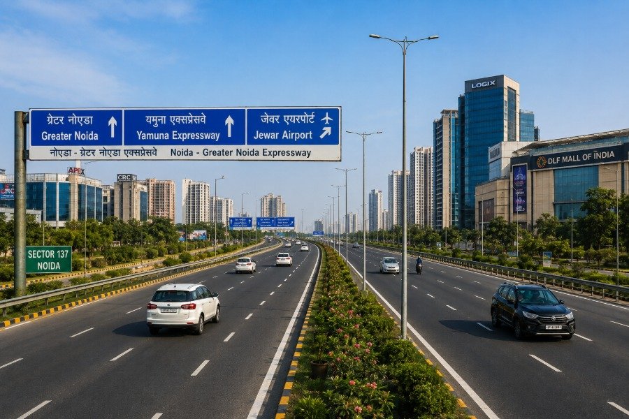 Noida Greater Noida Expressway with modern skyline and traffic in Uttar Pradesh