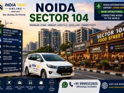 Premium residential towers, vibrant cafés, landscaped roads and Noida–Greater Noida Expressway in Noida Sector 104 with access to Noida International Airport