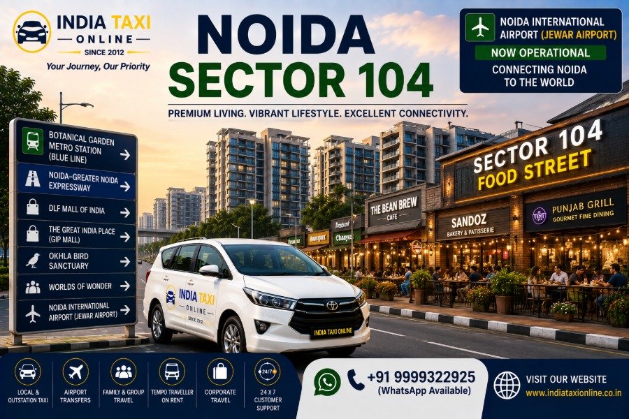 Premium residential towers, vibrant cafés, landscaped roads and Noida–Greater Noida Expressway in Noida Sector 104 with access to Noida International Airport