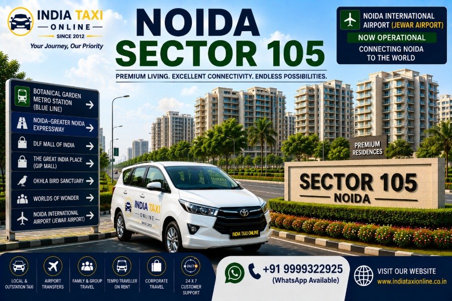 Luxury residential apartments, landscaped parks and Noida–Greater Noida Expressway in Noida Sector 105 with convenient access to Noida International Airport