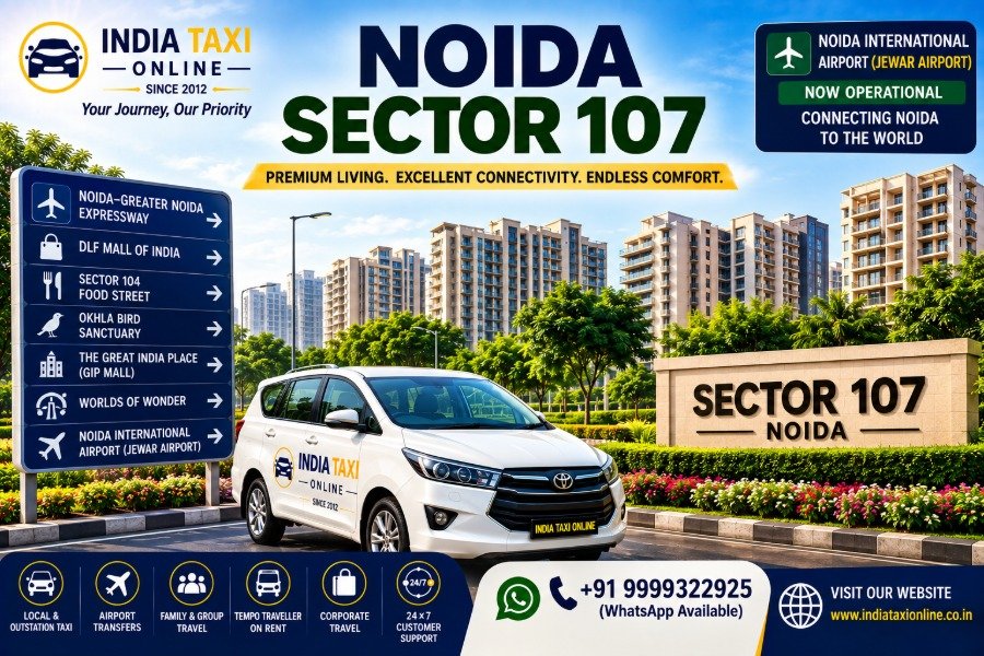 Luxury residential apartments, landscaped parks and Noida–Greater Noida Expressway in Noida Sector 107 with convenient access to Noida International Airport