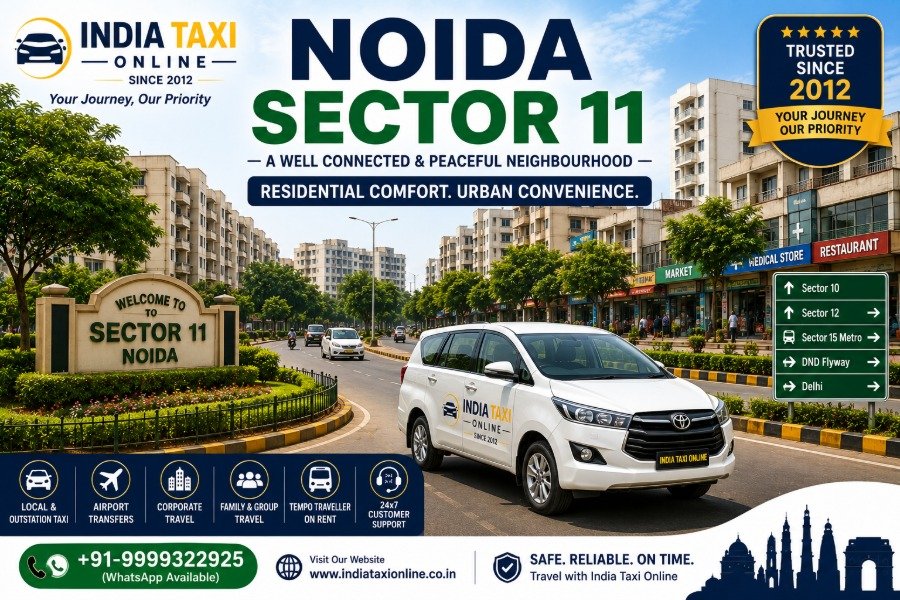 Modern residential streets, parks and commercial buildings in Noida Sector 11, Uttar Pradesh