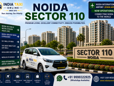 Modern residential apartment towers, landscaped parks and wide roads in Noida Sector 110 with convenient access to Noida International Airport