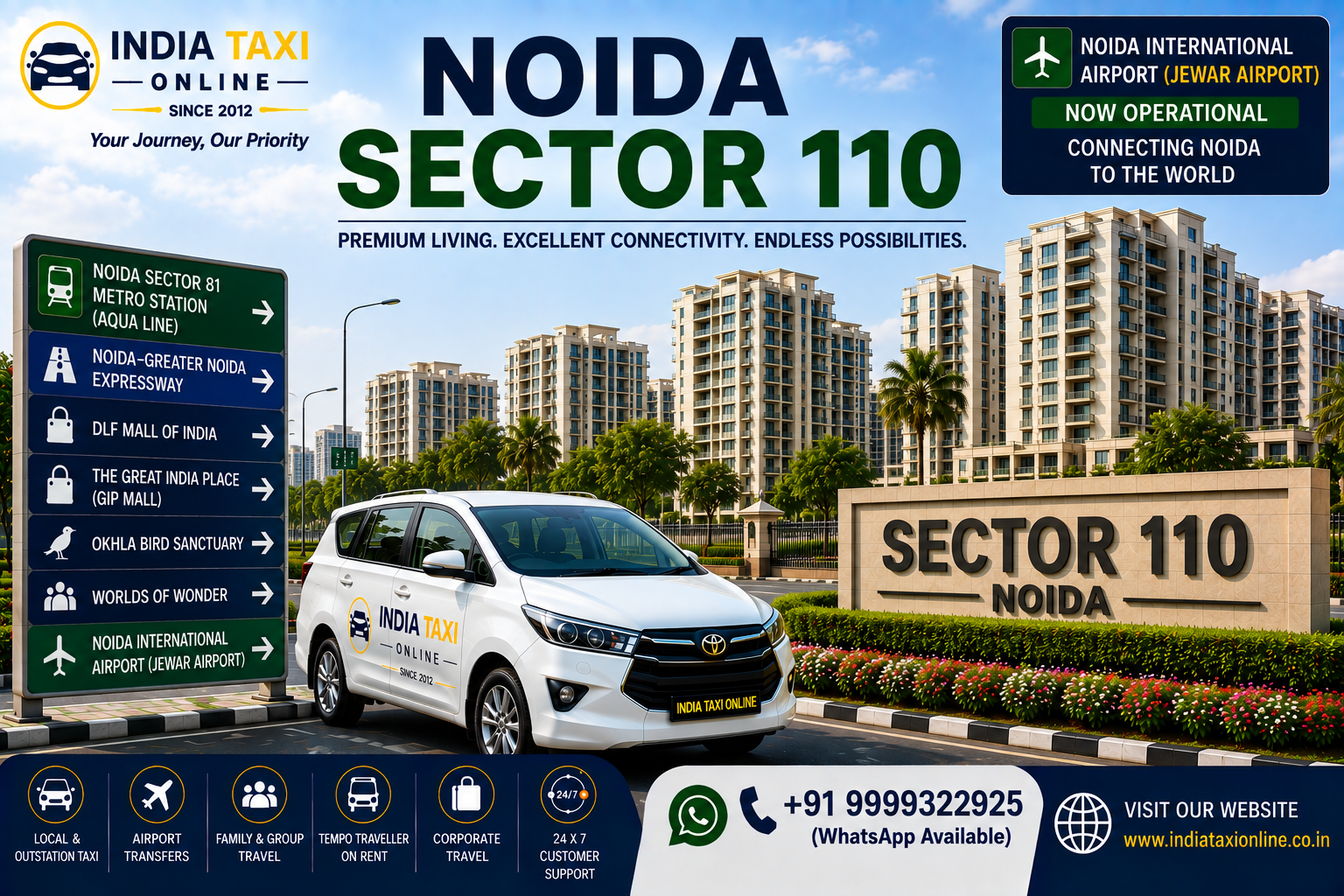 Modern residential apartment towers, landscaped parks and wide roads in Noida Sector 110 with convenient access to Noida International Airport
