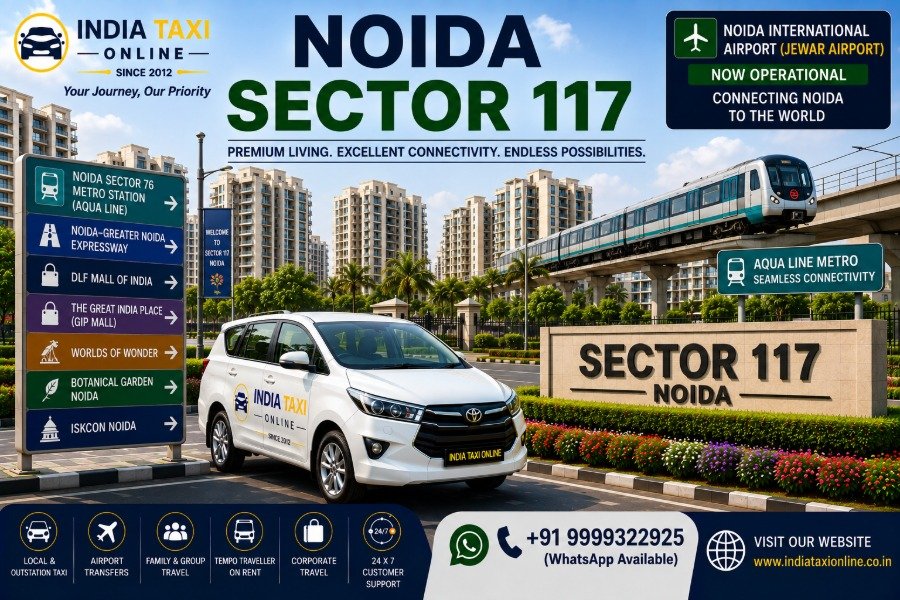 Modern residential apartment towers, landscaped parks and wide roads in Noida Sector 117 with convenient access to Noida International Airport