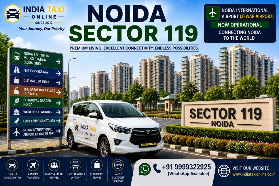 Modern high-rise residential apartments, landscaped roads and urban infrastructure in Noida Sector 119 with connectivity to Noida International Airport