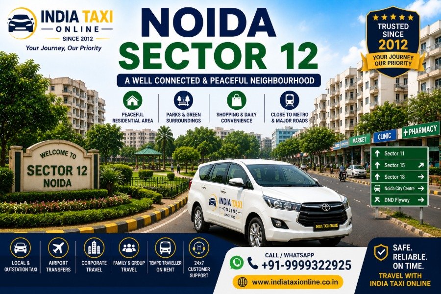 Modern residential apartments, parks and local market in Noida Sector 12, Uttar Pradesh