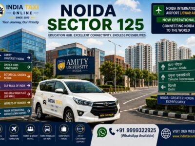 Noida Sector 125 with modern buildings, landscaped roads, Amity University surroundings and connectivity towards Noida International Airport