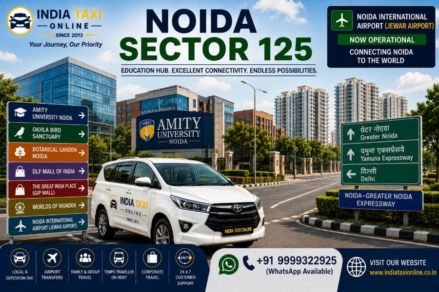 Noida Sector 125 with modern buildings, landscaped roads, Amity University surroundings and connectivity towards Noida International Airport