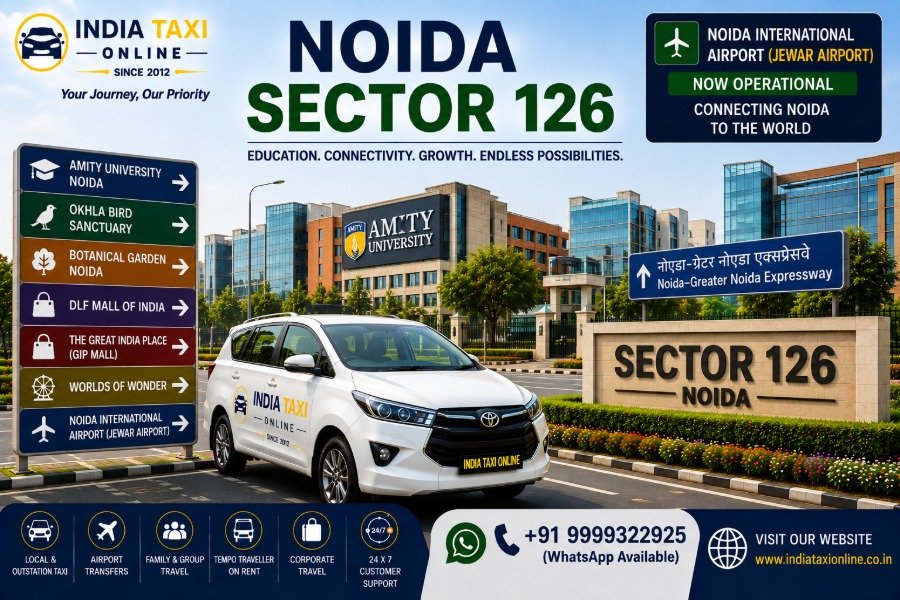 Noida Sector 126 with modern buildings, landscaped roads, educational institutions and Noida–Greater Noida Expressway connectivity