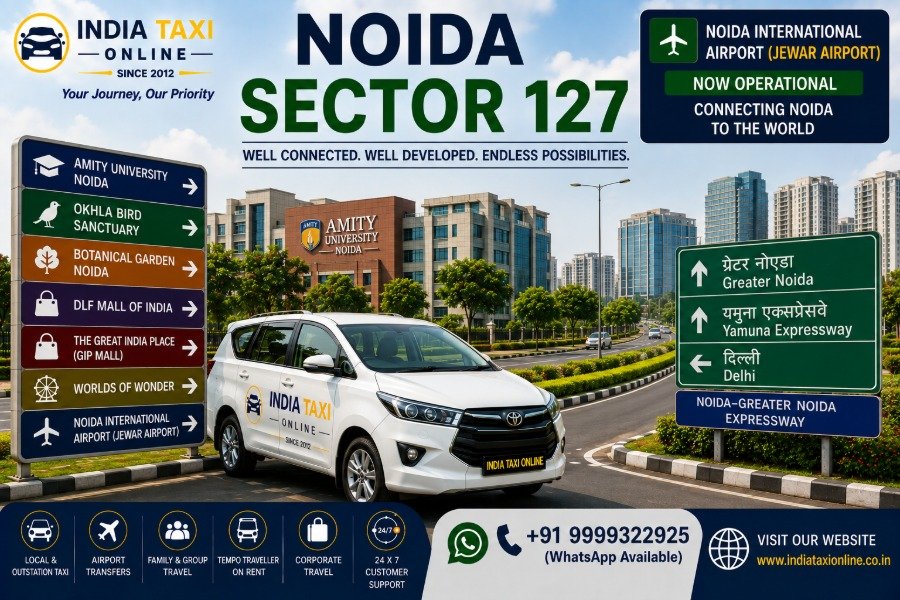 Noida Sector 127 with modern buildings, landscaped roads, residential developments and Noida–Greater Noida Expressway connectivity
