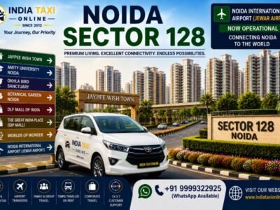 Noida Sector 128 with Jaypee Wish Town, modern residential towers, landscaped roads and Noida–Greater Noida Expressway