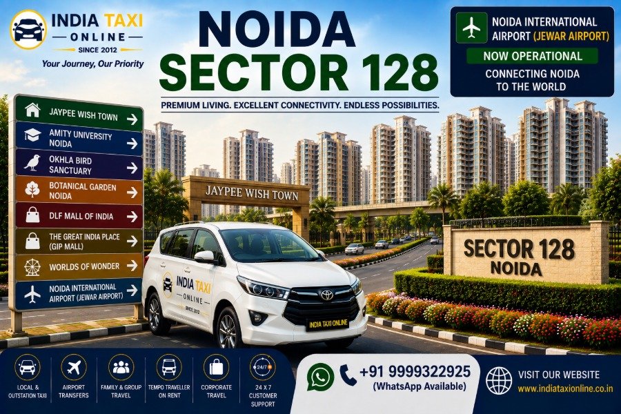 Noida Sector 128 with Jaypee Wish Town, modern residential towers, landscaped roads and Noida–Greater Noida Expressway