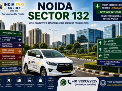 Noida Sector 132 with modern residential towers, corporate buildings, landscaped roads and Noida Greater Noida Expressway