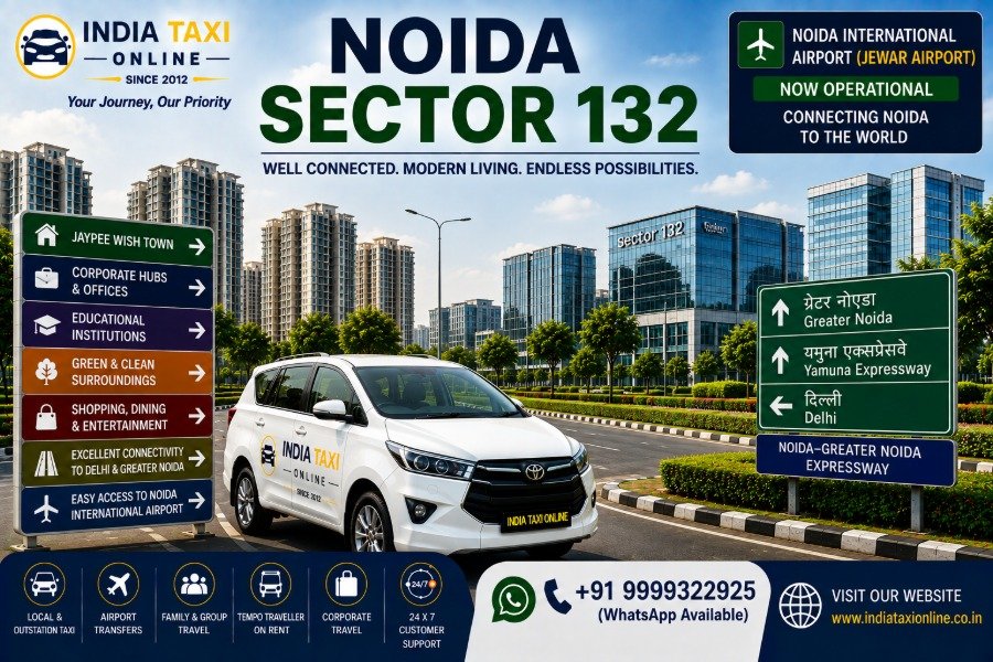 Noida Sector 132 with modern residential towers, corporate buildings, landscaped roads and Noida Greater Noida Expressway