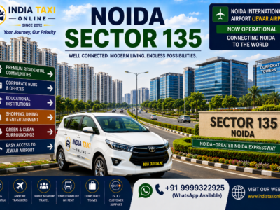 Noida Sector 135 with modern residential towers, corporate buildings, landscaped roads and Noida Greater Noida Expressway connectivity