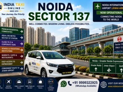 Noida Sector 137 with modern residential towers, Aqua Line Metro, landscaped roads and Noida Greater Noida Expressway