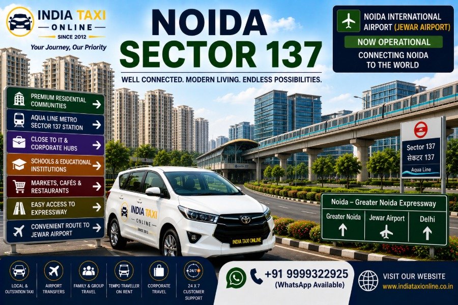 Noida Sector 137 with modern residential towers, Aqua Line Metro, landscaped roads and Noida Greater Noida Expressway