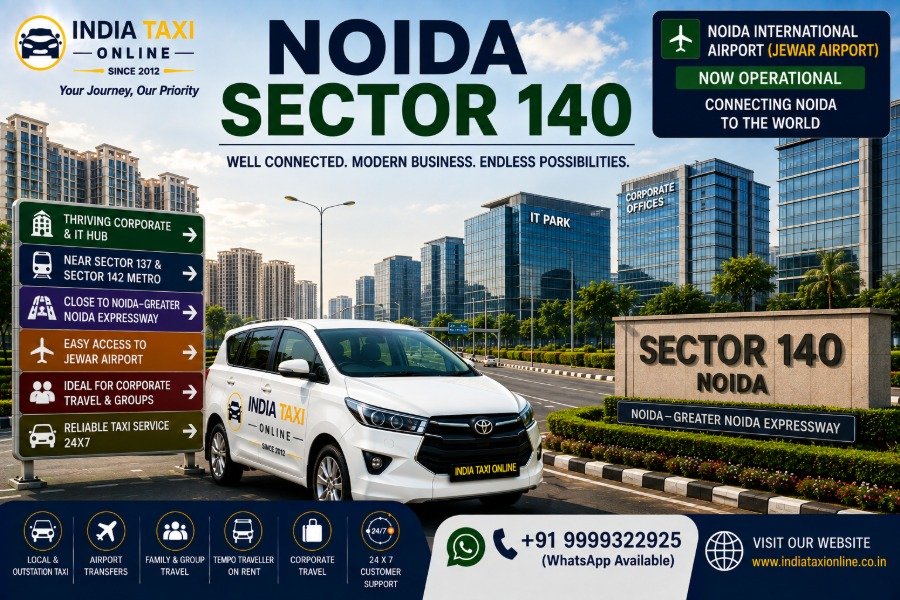 Noida Sector 140 taxi service with modern corporate buildings, Expressway road, residential developments and chauffeur-driven car