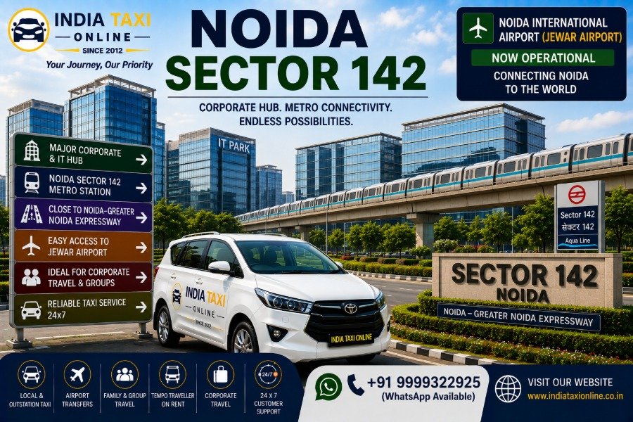 Noida Sector 142 with modern corporate offices, Aqua Line Metro, Expressway road and chauffeur-driven taxi
