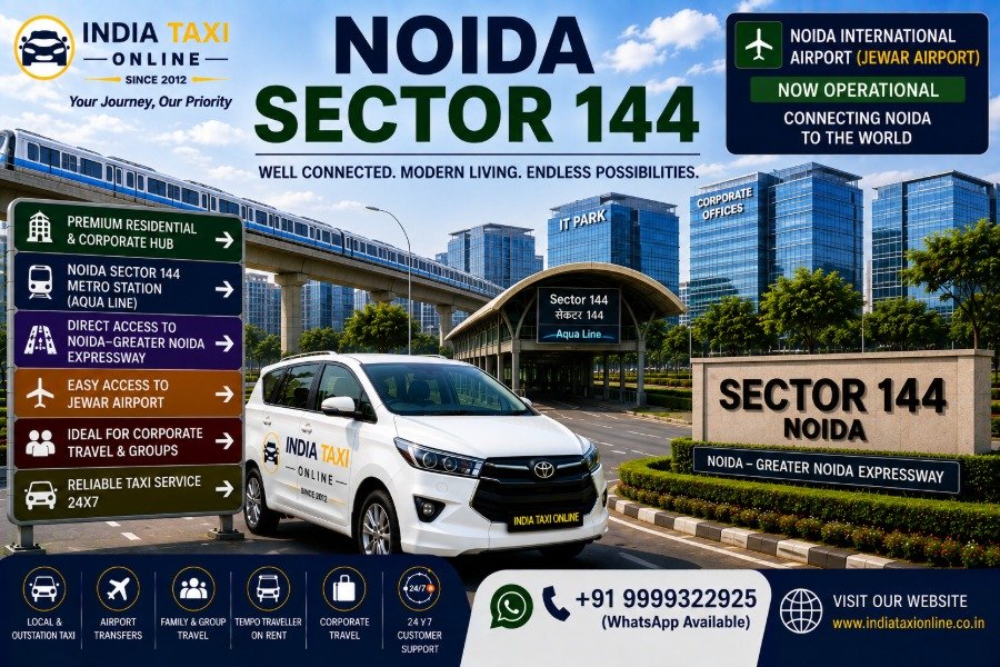Noida Sector 144 with modern corporate buildings, Aqua Line Metro, Expressway road and chauffeur-driven taxi