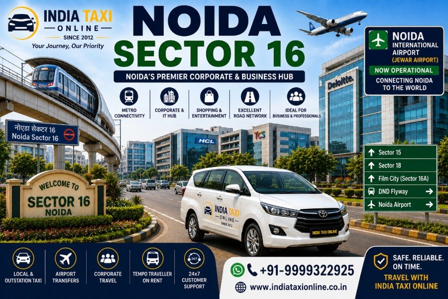 Modern corporate offices, Metro station and commercial buildings in Noida Sector 16 with convenient access to Noida International Airport