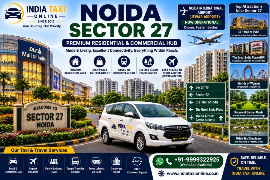 Modern residential buildings, shopping destinations and green parks in Noida Sector 27 with convenient access to Noida International Airport