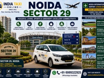 Noida Stadium, Botanical Garden, modern residential buildings and green parks in Noida Sector 29 with access to Noida International Airport
