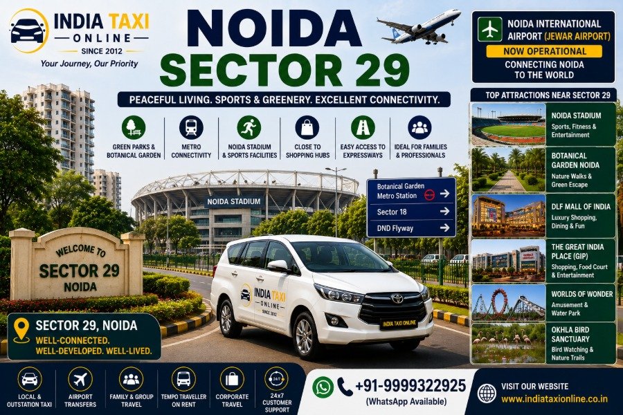 Noida Stadium, Botanical Garden, modern residential buildings and green parks in Noida Sector 29 with access to Noida International Airport