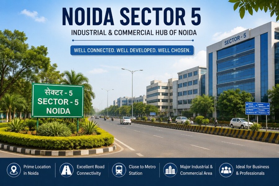 Modern commercial buildings and industrial establishments in Noida Sector 5, Uttar Pradesh