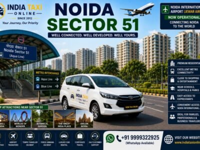 Noida Sector 51 Metro Station, modern residential apartments, green parks and wide roads with convenient access to Noida International Airport