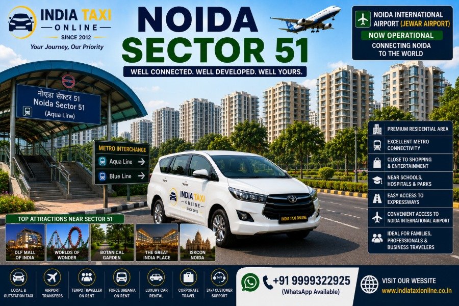 Noida Sector 51 Metro Station, modern residential apartments, green parks and wide roads with convenient access to Noida International Airport