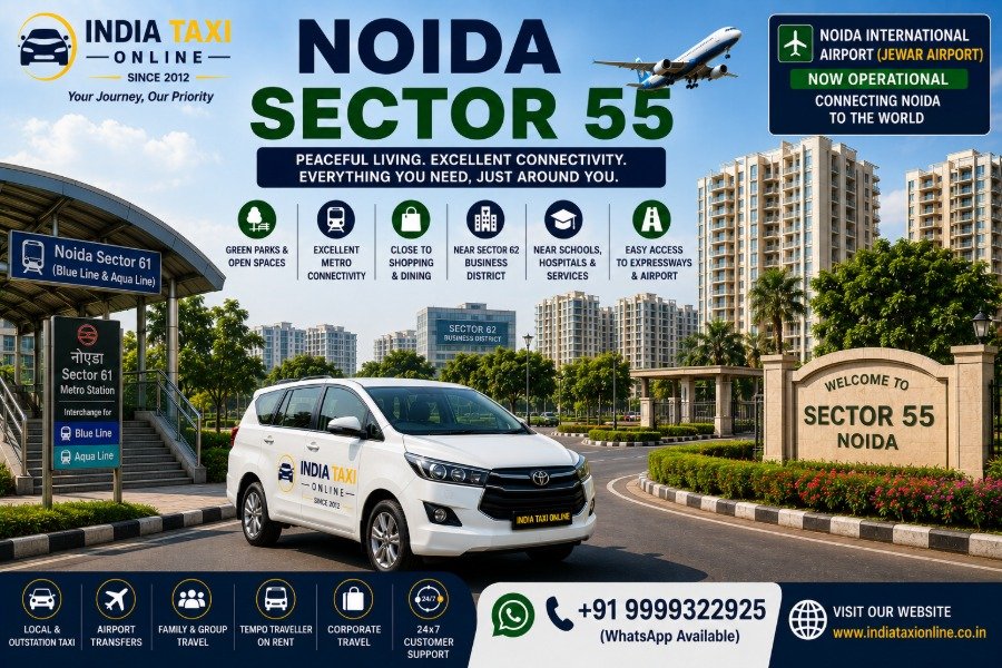 Modern residential apartments, green parks and wide roads in Noida Sector 55 with convenient access to Noida International Airport