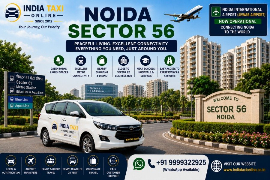 Modern residential apartments, landscaped parks and wide roads in Noida Sector 56 with convenient access to Noida International Airport