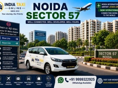Noida Sector 61 Metro Station, modern residential buildings, business district and landscaped roads with convenient access to Noida International Airport