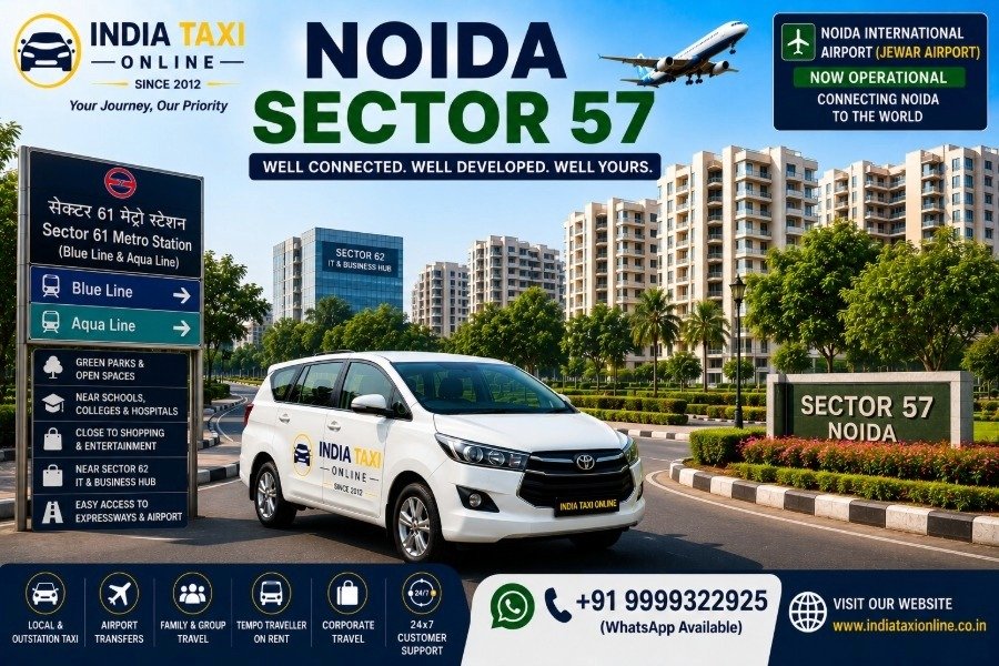 Noida Sector 61 Metro Station, modern residential buildings, business district and landscaped roads with convenient access to Noida International Airport