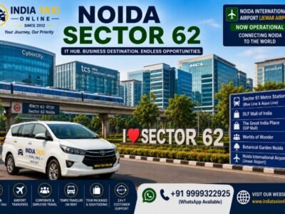 Modern IT parks, corporate office buildings, Metro connectivity and landscaped roads in Noida Sector 62 with access to Noida International Airport