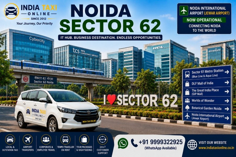 Modern IT parks, corporate office buildings, Metro connectivity and landscaped roads in Noida Sector 62 with access to Noida International Airport