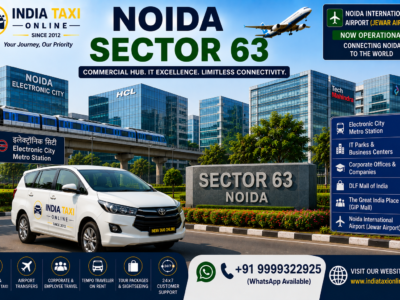 Modern IT parks, corporate office buildings, Electronic City Metro and wide roads in Noida Sector 63 with access to Noida International Airport