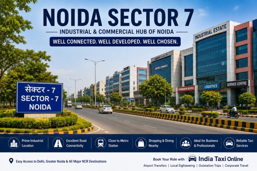 Modern commercial buildings and industrial establishments in Noida Sector 7, Uttar Pradesh