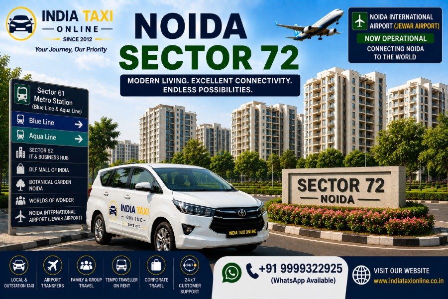 Modern apartment buildings, landscaped parks and wide roads in Noida Sector 72 with convenient access to Noida International Airport