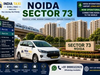 Modern apartment buildings, landscaped gardens, green parks and wide roads in Noida Sector 73 with easy access to Noida International Airport