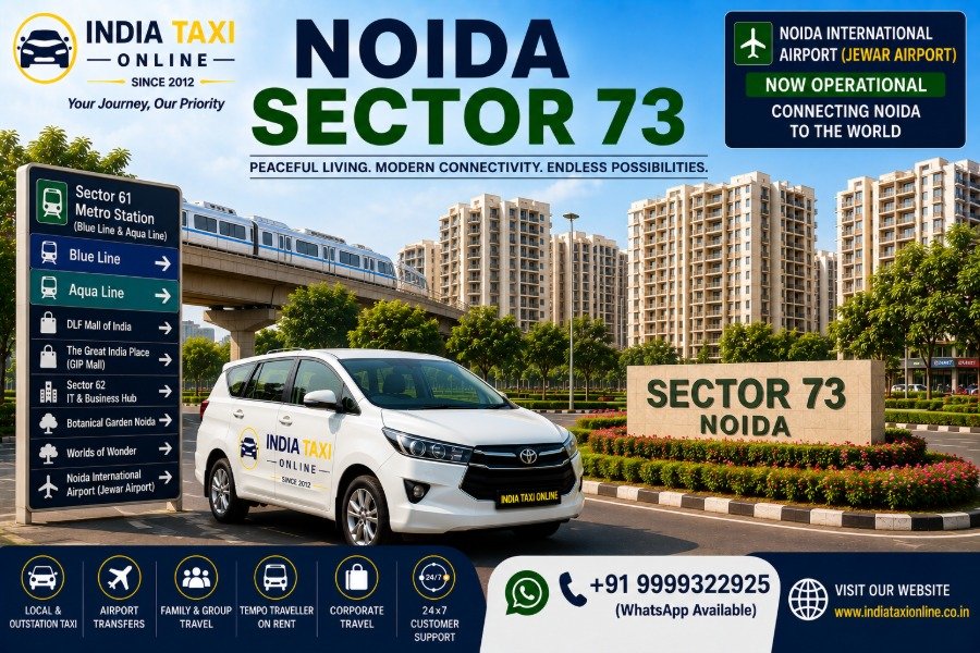 Modern apartment buildings, landscaped gardens, green parks and wide roads in Noida Sector 73 with easy access to Noida International Airport