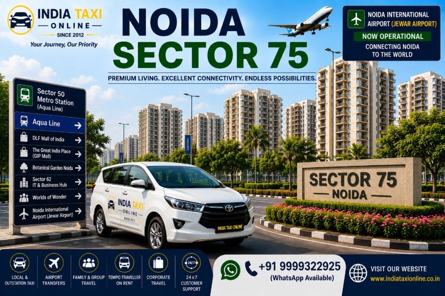 Modern residential apartments, landscaped gardens, wide roads and green parks in Noida Sector 75 with access to Noida International Airport