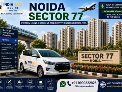 Modern apartment towers, landscaped parks and wide roads in Noida Sector 77 with convenient access to Noida International Airport
