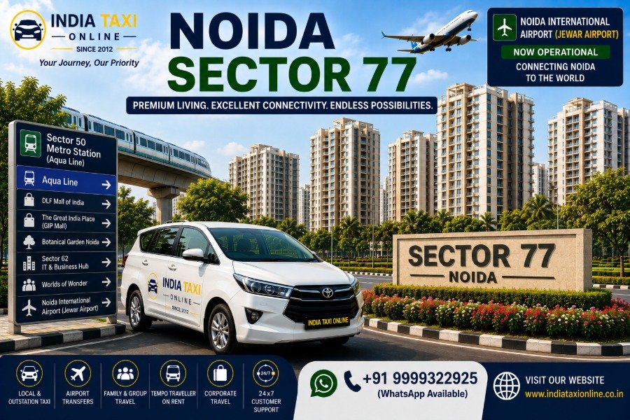 Modern apartment towers, landscaped parks and wide roads in Noida Sector 77 with convenient access to Noida International Airport