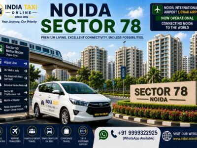 Modern apartment towers, landscaped gardens, wide roads and green parks in Noida Sector 78 with access to Noida International Airport