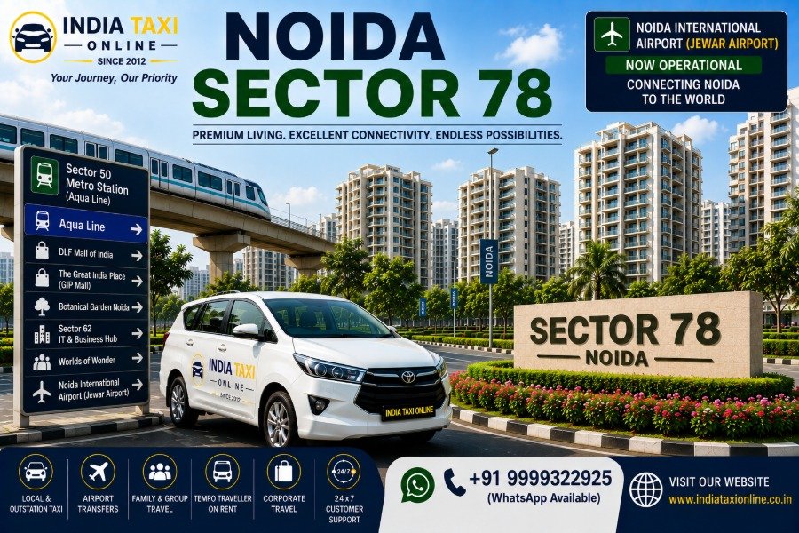 Modern apartment towers, landscaped gardens, wide roads and green parks in Noida Sector 78 with access to Noida International Airport